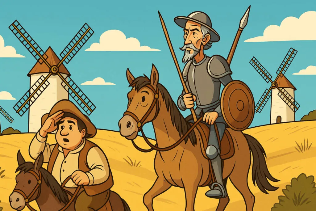 Dom Quixote e Sancho Pança em seus cavalos, com moinhos de vento ao fundo.
