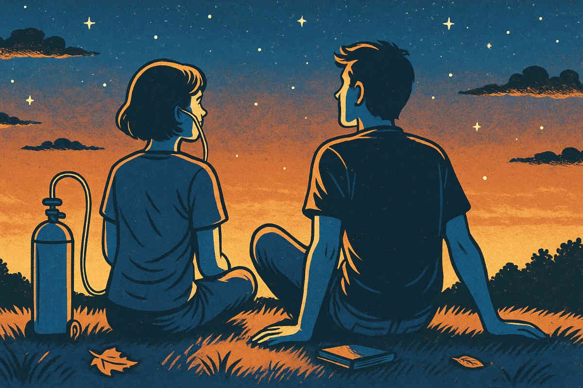 Um casal de adolescentes sentados na grama ao pôr do sol, com o céu estrelado ao fundo. A garota está conectada a um cilindro de oxigênio, representando uma cena inspirada no livro A Culpa é das Estrelas.