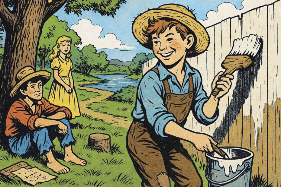 Uma cena clássica de As Aventuras de Tom Sawyer, com Tom pintando uma cerca, Huck observando ao fundo e Becky Thatcher ao lado.