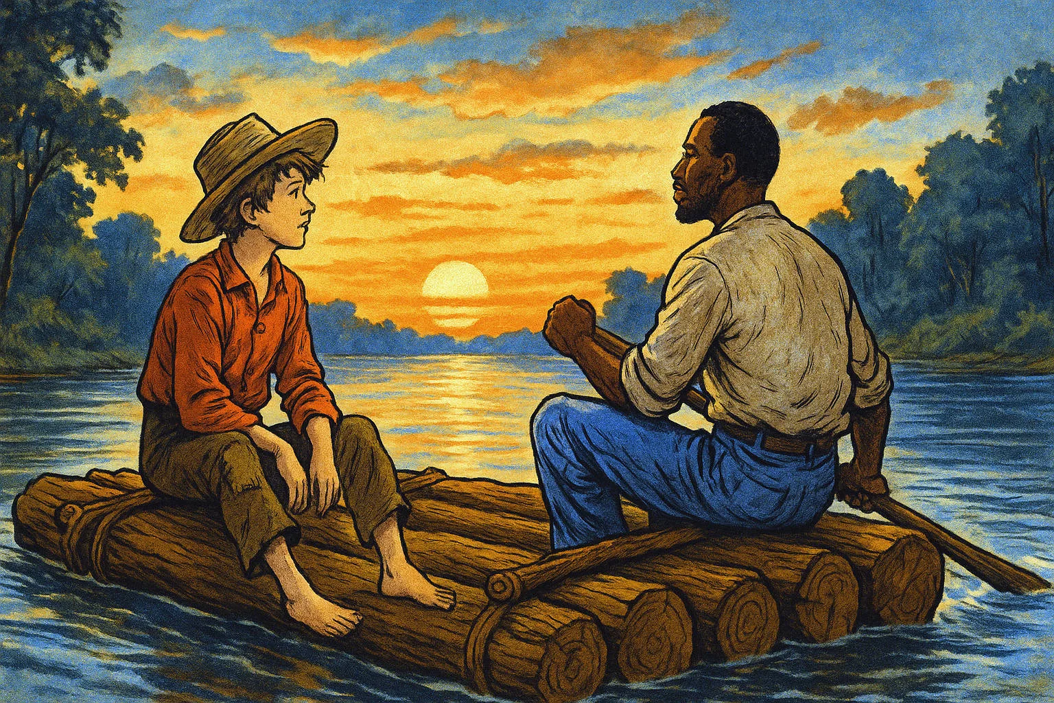 Imagem ilustrativa de As Aventuras de Huckleberry Finn com Huck e Jim viajando de jangada pelo Rio Mississippi ao pôr do sol.