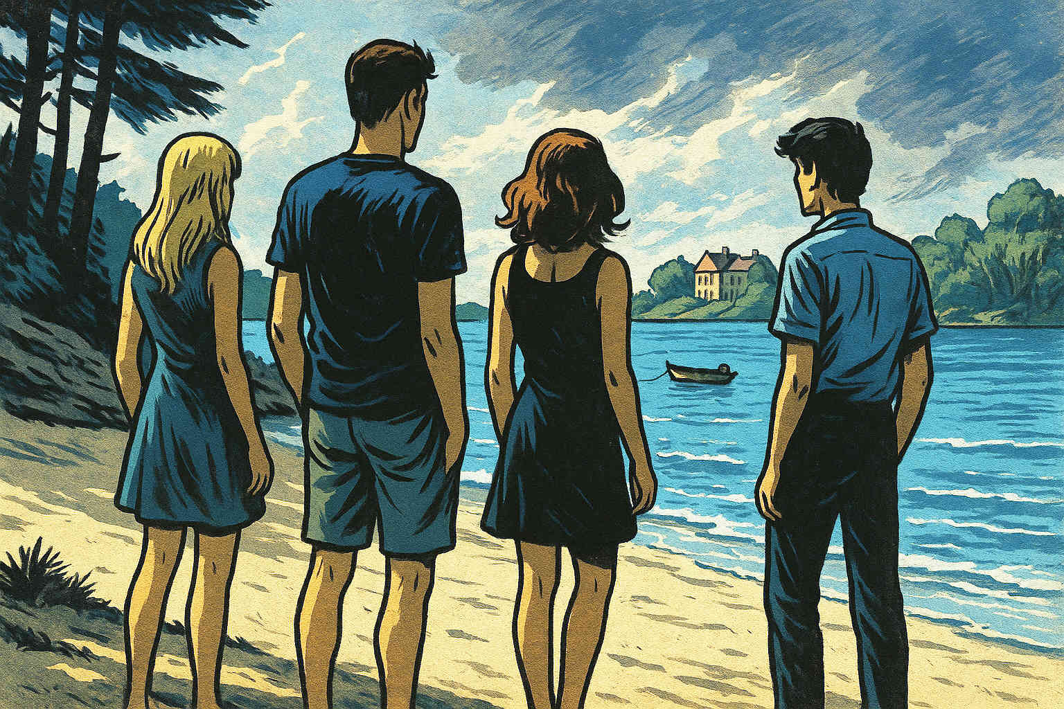 Quatro adolescentes na praia de uma ilha particular, olhando para uma mansão distante ao entardecer. Representação do livro Mentirosos, de E. Lockhart.