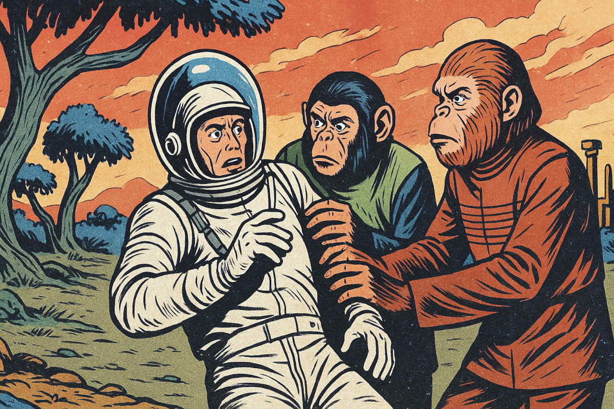 Cena inspirada no livro O Planeta dos Macacos: um astronauta humano sendo capturado por dois macacos inteligentes em um ambiente alienígena.