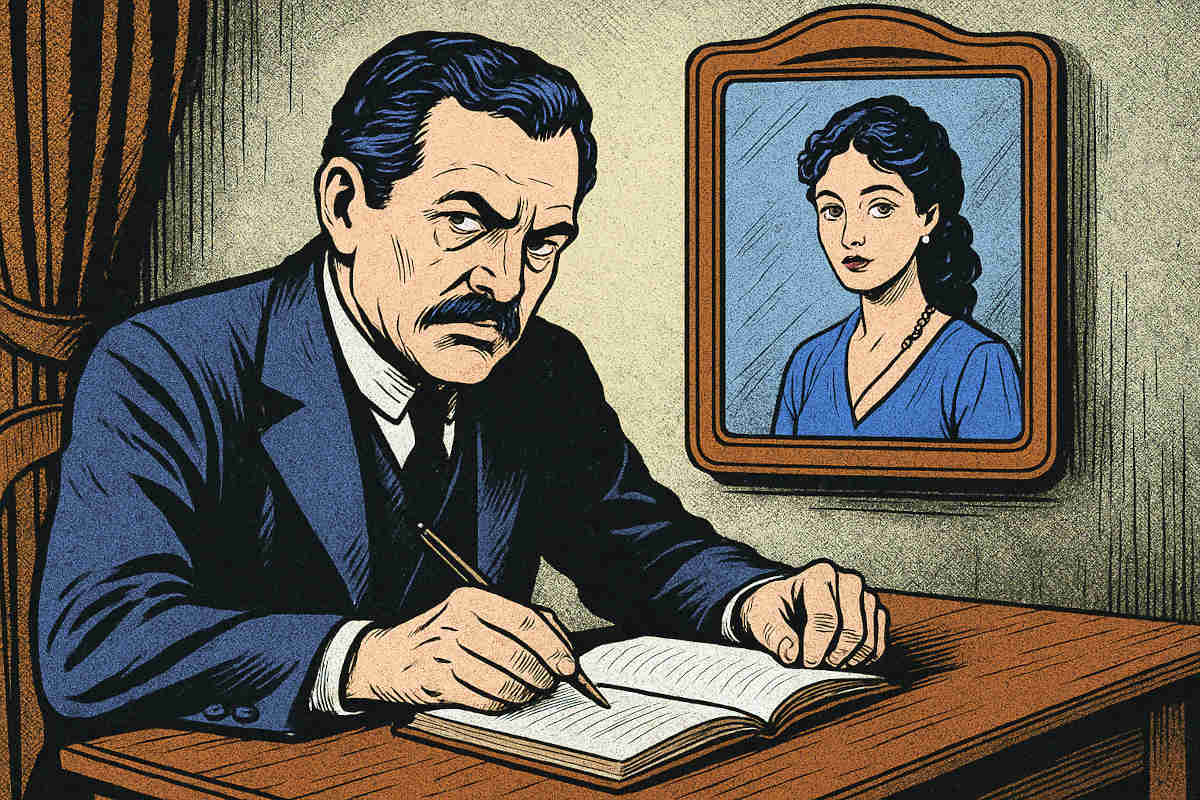 Ilustração inspirada em Dom Casmurro, de Machado de Assis: Bentinho escreve suas memórias enquanto Capitu aparece refletida no espelho, sugerindo dúvida e ambiguidade.