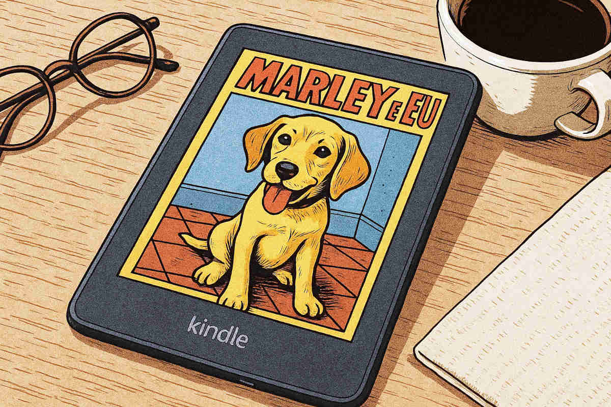Kindle Colorsoft sobre uma mesa de madeira, ao lado de óculos de leitura e uma xícara de café.