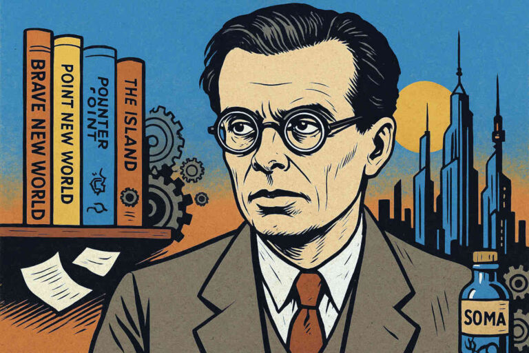 Retrato em estilo vintage comics de Aldous Huxley, com livros e cenário futurista ao fundo, simbolizando sua vida e obras.