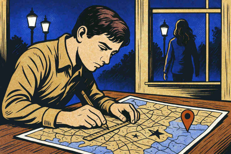 Quentin, de Cidades de Papel, observa um mapa enquanto Margo caminha, se afastando de maneira misteriosa à noite.