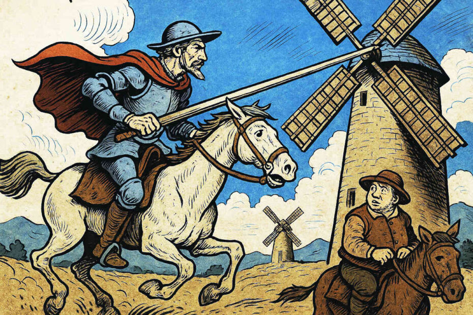 Dom Quixote atacando um moinho de vento sob o olhar de Sancho Pança.