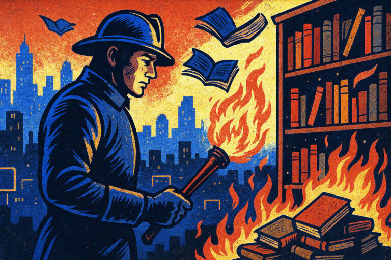 Ilustração de um bombeiro diante de livros em chamas, inspirada no universo de Fahrenheit 451