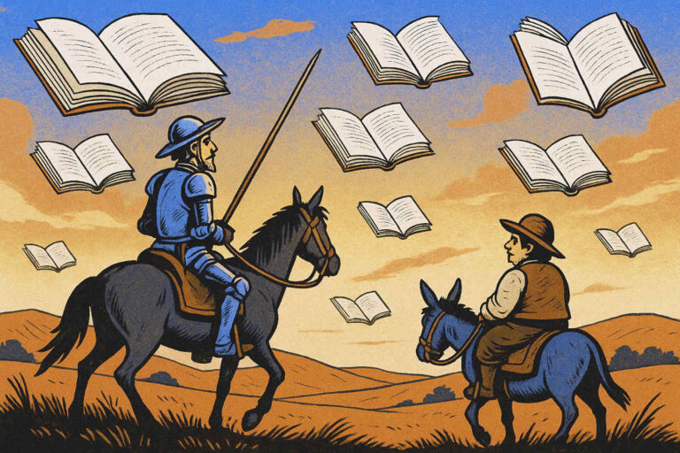 Dom Quixote e Sancho Pança cavalgando ao entardecer entre livros flutuando no céu.