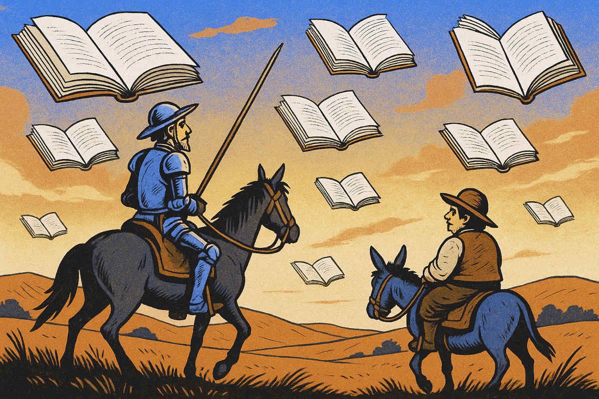 Dom Quixote e Sancho Pança cavalgando ao entardecer entre livros flutuando no céu.