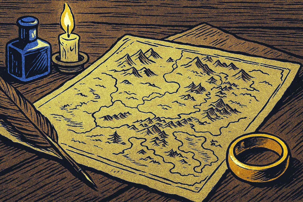 Mapa antigo ao lado de pena e anel dourado sobre uma mesa de madeira, fazendo referência à mitologia moderna de Tolkien.