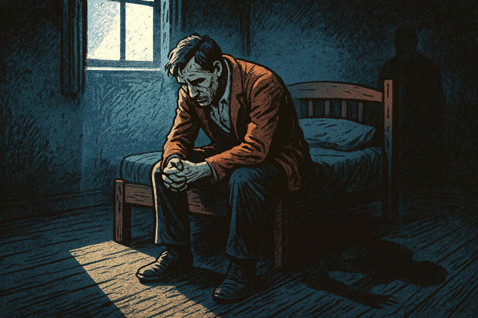 Homem sentado em um quarto simples, iluminado pela janela, com uma postura de conflito interior.