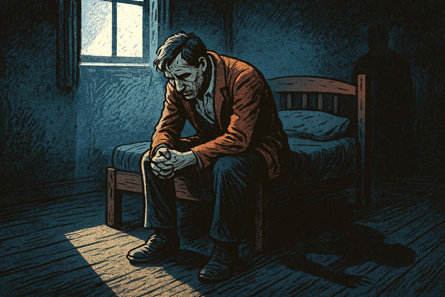 Homem sentado em um quarto simples, iluminado pela janela, com uma postura de conflito interior.