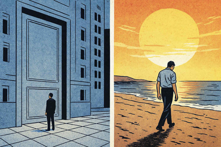 Um homem solitário diante de uma porta fechada e outro caminhando sozinho na praia ao pôr do sol, representando a solidão em Kafka e Camus.