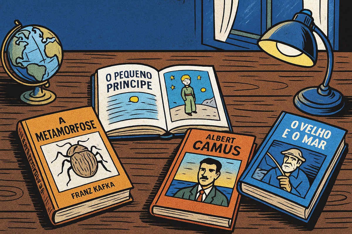 Livros clássicos abertos sobre uma mesa antiga, com um globo terrestre e uma luminária ao lado.