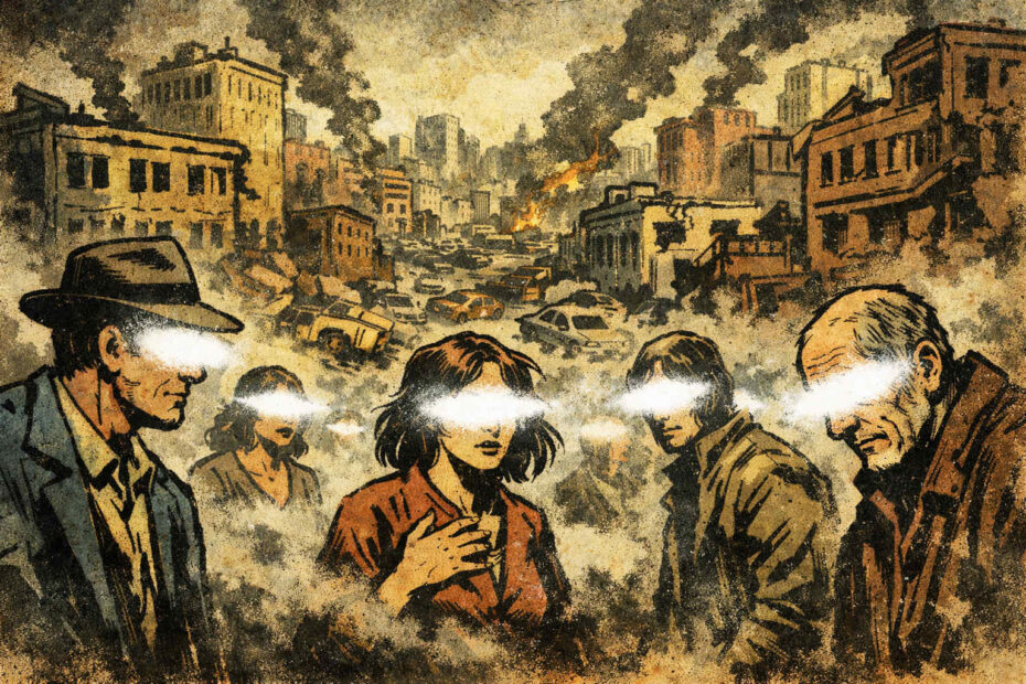 Ilustração de cidade em colapso com pessoas envoltas em luz branca nos olhos, inspirada no romance Ensaio sobre a cegueira.