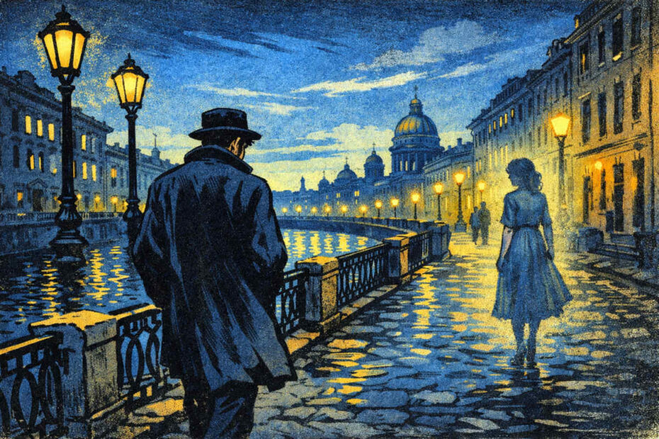 Ilustração representando o clima solitário e romântico de Noites Brancas, de Dostoiévski.