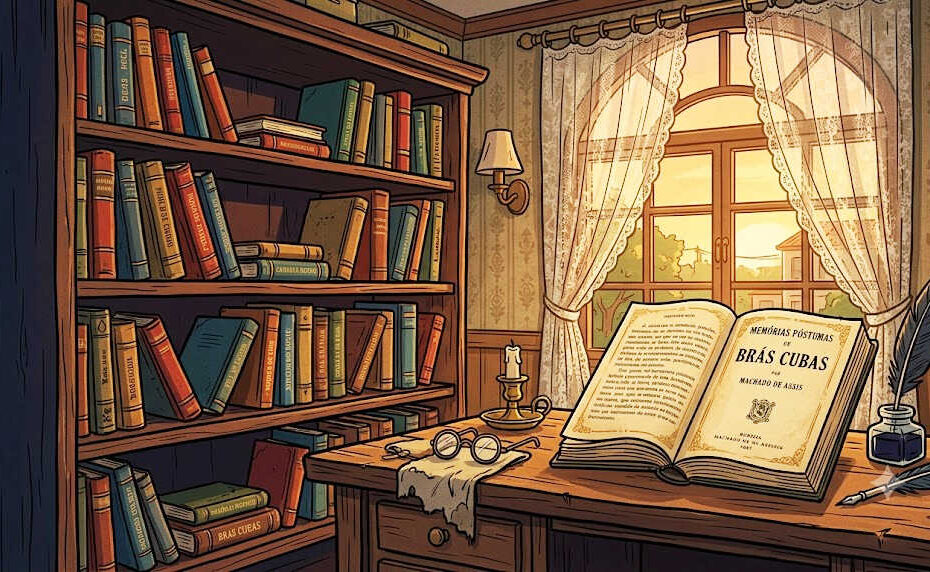 Ilustração de uma estante com livros antigos de lombadas coloridas representando a literatura brasileira clássica. Um exemplar aberto de Memórias Póstumas de Brás Cubas está sobre uma mesa de madeira.