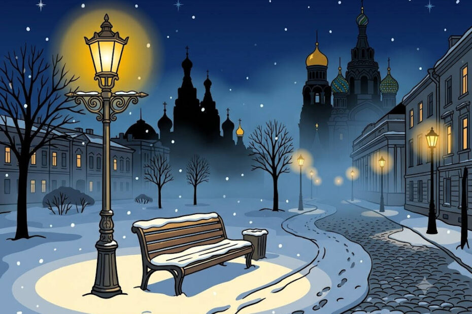 Uma rua de São Petersburgo à noite, com neve, lampiões a gás iluminando a neblina, um banco de praça vazio coberto de neve, pegadas se afastando e cúpulas de igrejas ortodoxas ao fundo.