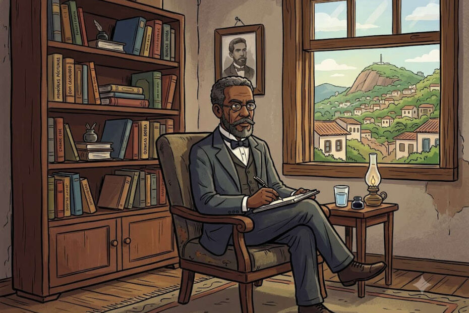 Retrato ilustrado de Machado de Assis sentado em poltrona, ambiente do Rio de Janeiro antigo ao fundo.