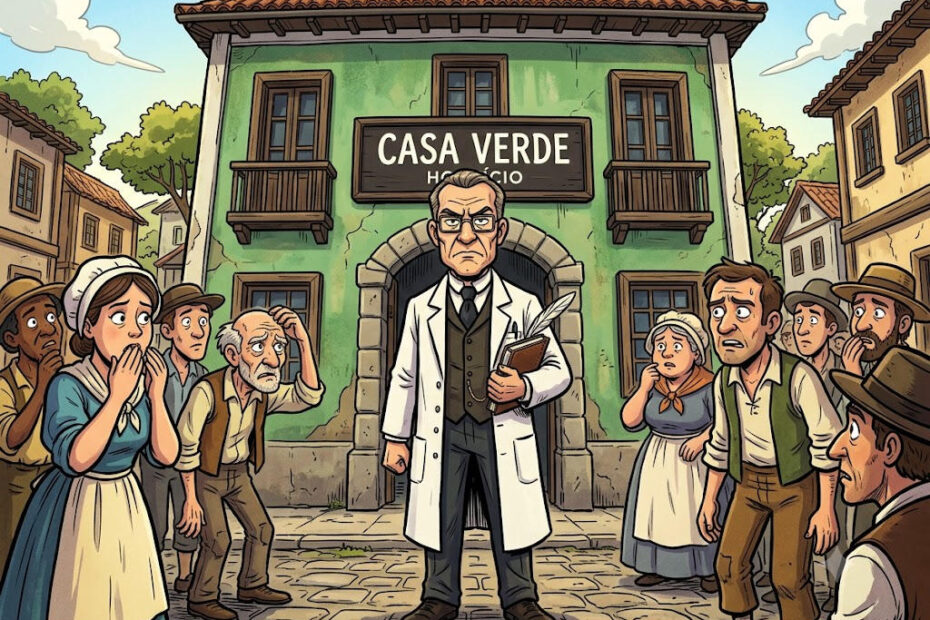 Dr. Simão Bacamarte em pé diante da Casa Verde com pessoas confusas ao redor. Ilustração que representa a obra O Alienista.