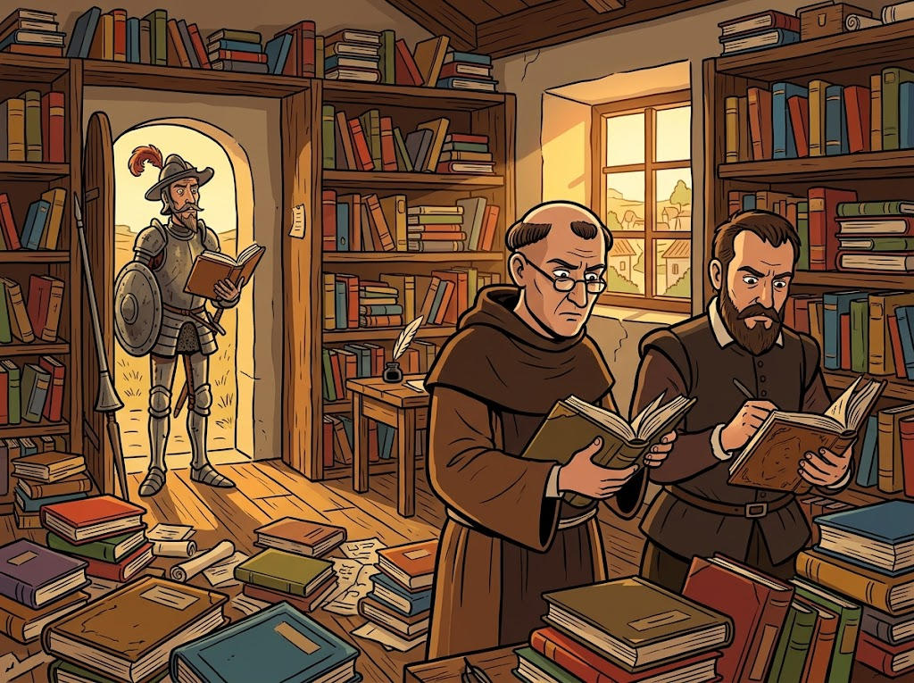 Biblioteca de Dom Quixote, com padre e barbeiro examinando livros enquanto o cavaleiro observa ao fundo.