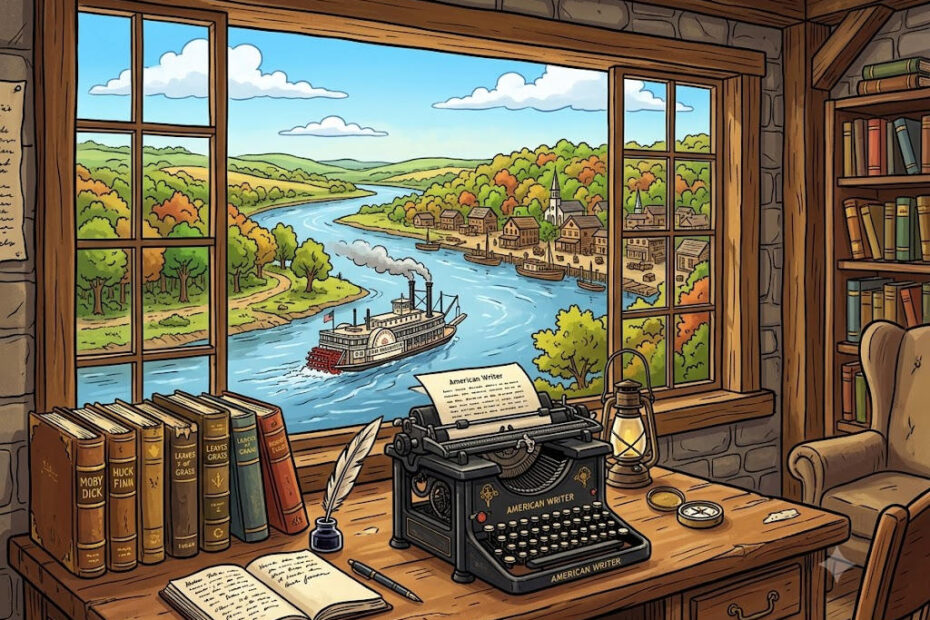 Livros da literatura americana clássica, máquina de escrever e caderno sobre uma mesa, com um rio e barco a vapor em paisagem americana ao fundo