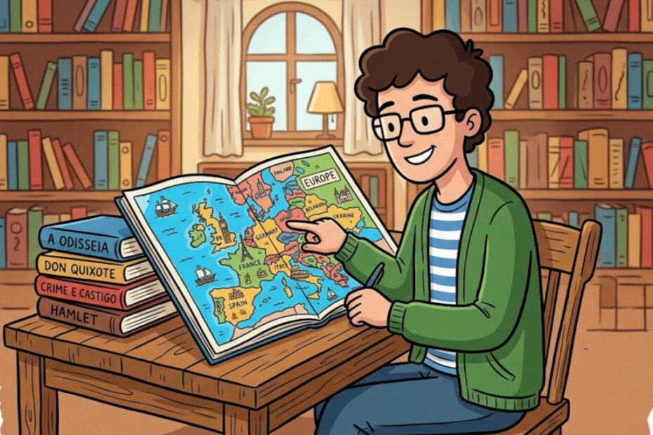 Um leitor sentado diante de uma mesa com um mapa da Europa aberto e uma pilha de clássicos.