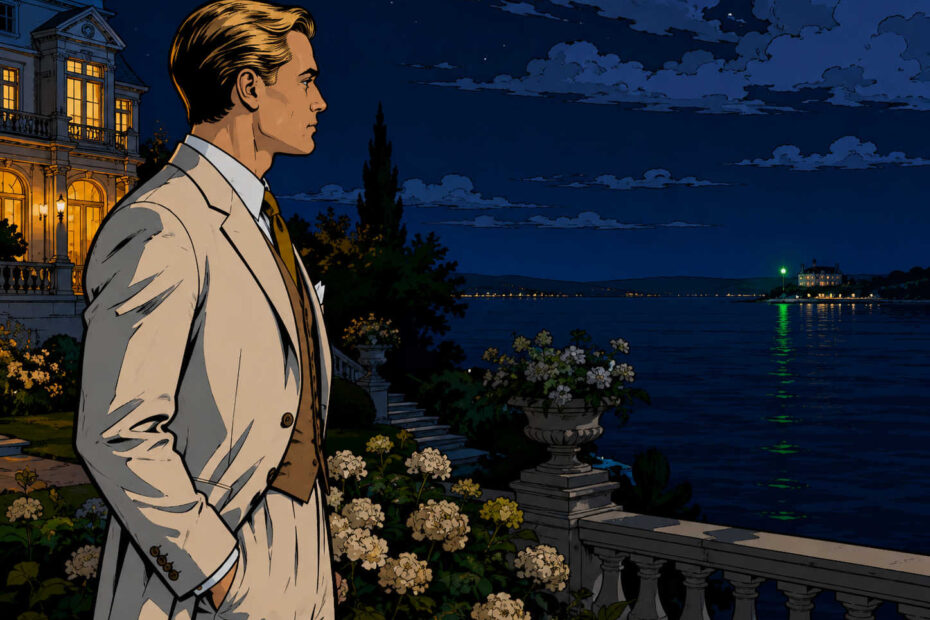 Jay Gatsby, da obra O Grande Gatsby, em frente a uma mansão iluminada, olhando para uma luz verde distante sobre a baía.